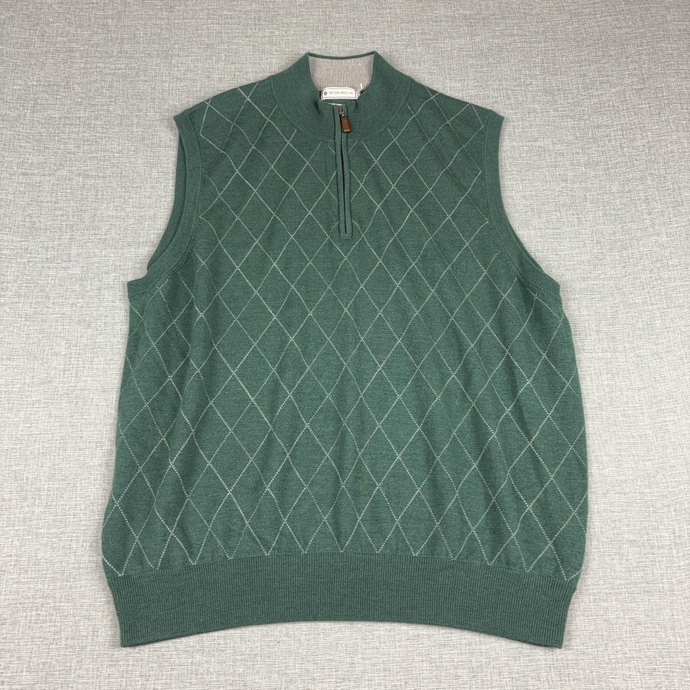 Peter Millar Sweater Vest Mens XL Green Argyle 1/4 Zip Merino Wool Knit Golf
